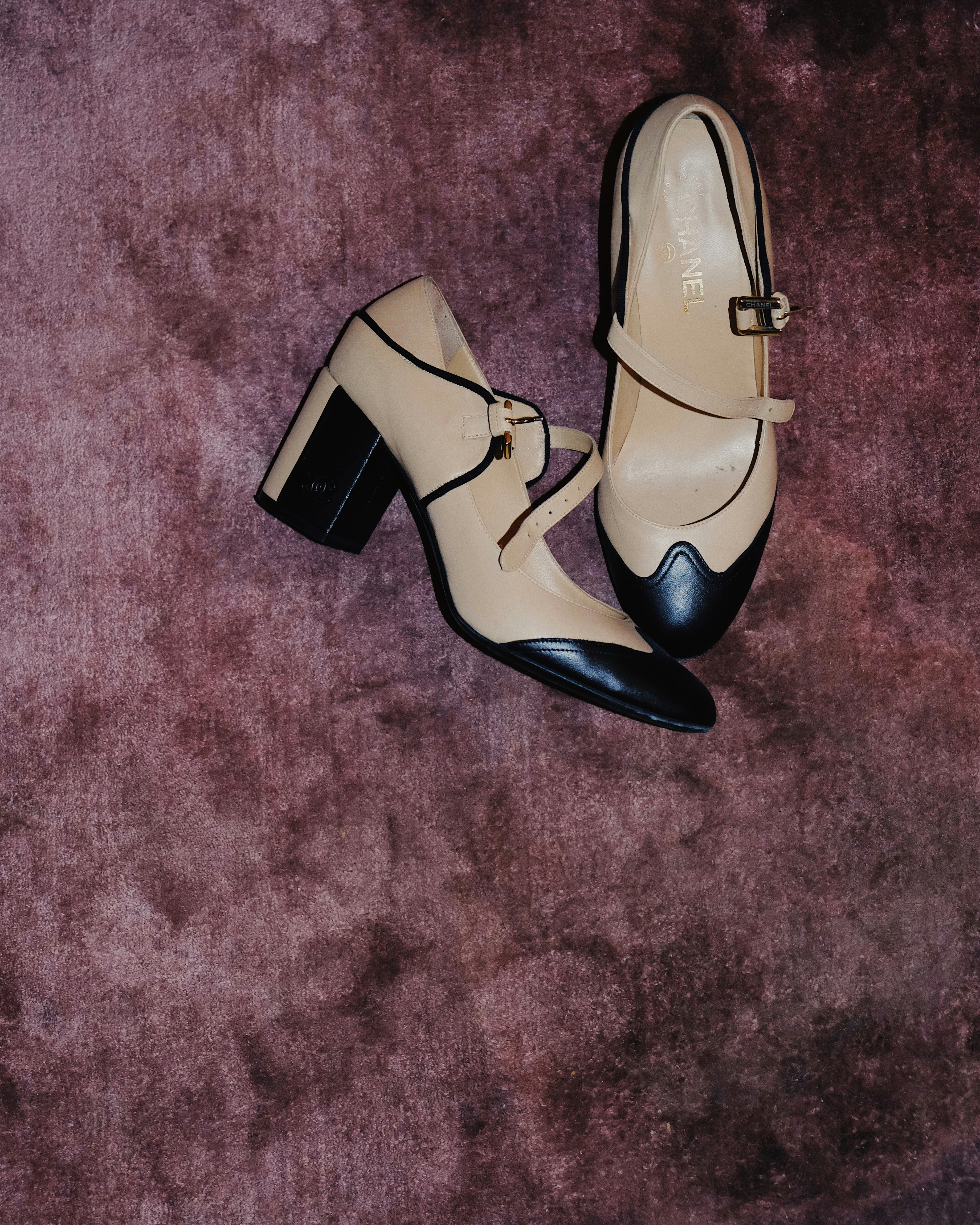 Chanel Beige & Black Mary Jane Block Heel Pumps